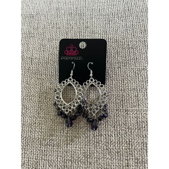 Paparazzi dangly‎ earrings silver with purple beads. - Picture 1 of 4